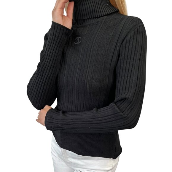 CHANEL Vintage 05A CC Logo Turtleneck Sweater Top #42 Black Mesh Long [105467] - Picture 2 of 14